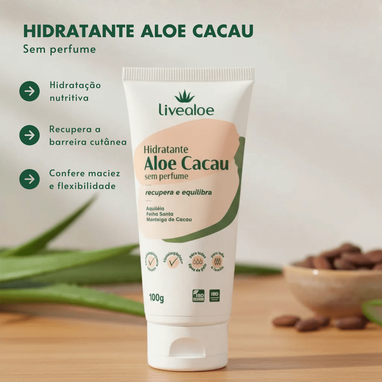 Hidratante Aloe Cacau Sem Perfume 100g - Livealoe